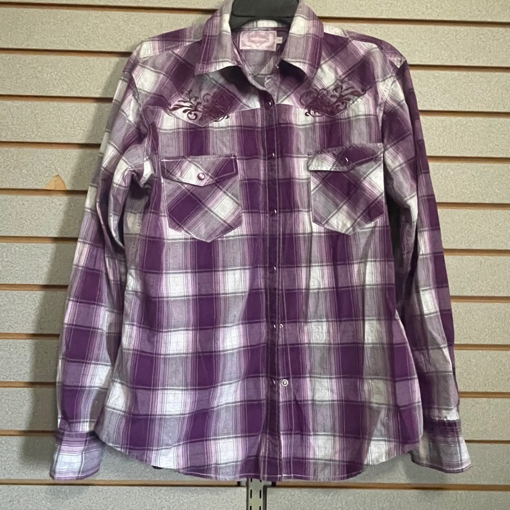 Cowgirl Hardware Purple Plaid Western Snap Shirt Horseshoe Embroidery Womens XL